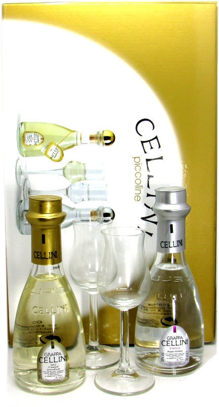 Le Cellini worldwidespirits Oro Grappa Geschenkpackung 0,2l incl. | 0,2l Bianca Grappa Gläser Cellini 2 und piccoline Cellini